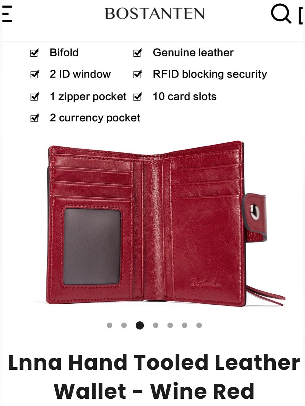 Bostanten Lnna Hand Tooled Leather Wallet - Wine Red - Picture 6 of 16